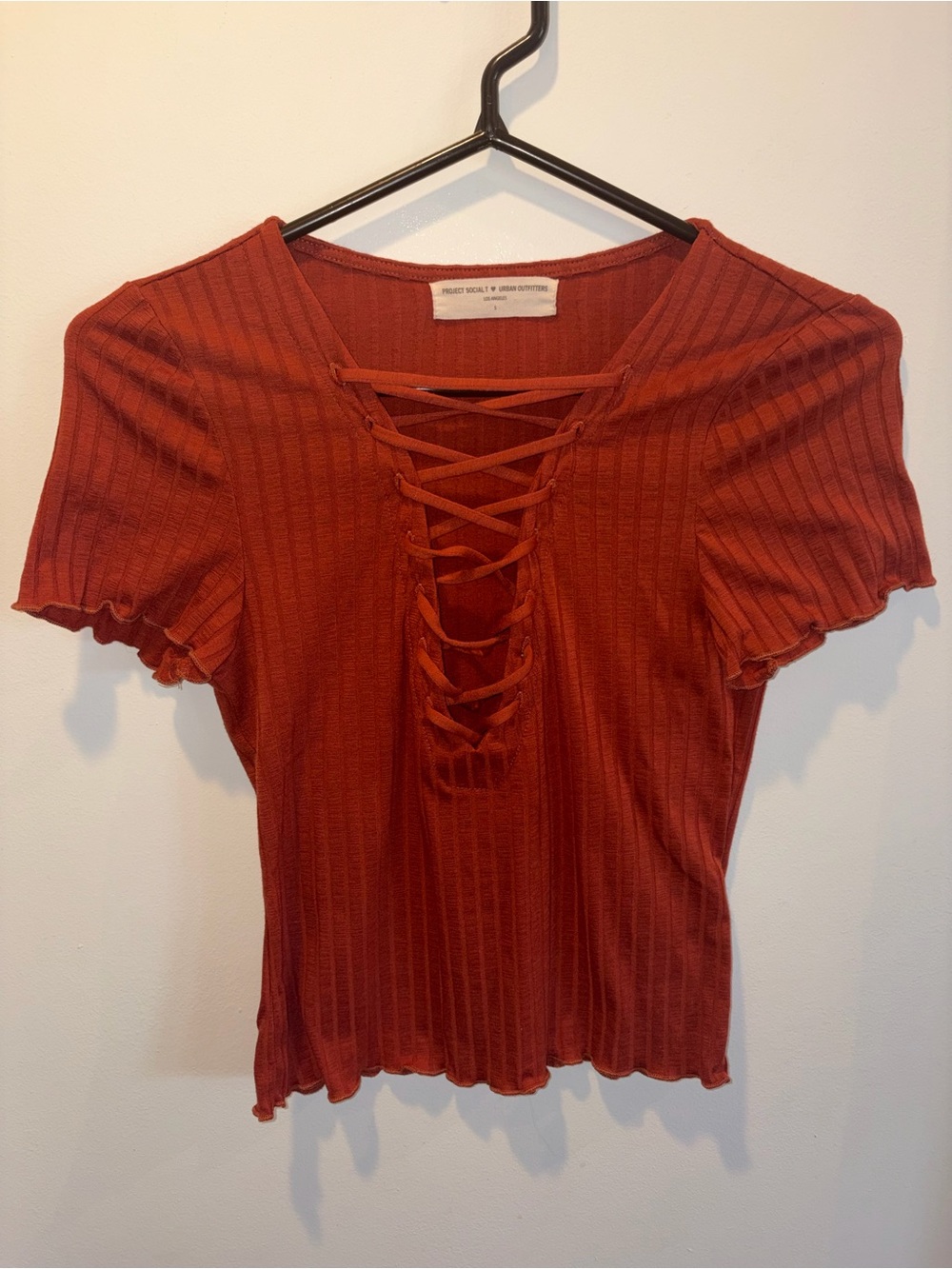 Urban Outfitters Like New Crisscross Ribbed Short Sleeve Top - Rust